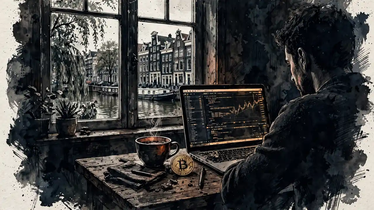 Laptop met Bitcoin-munt aan een grachtenraam in Amsterdam