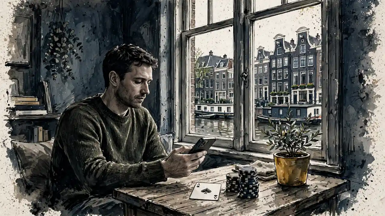 Persoon met smartphone en casinofiches bij een raam in een Nederlands appartement.