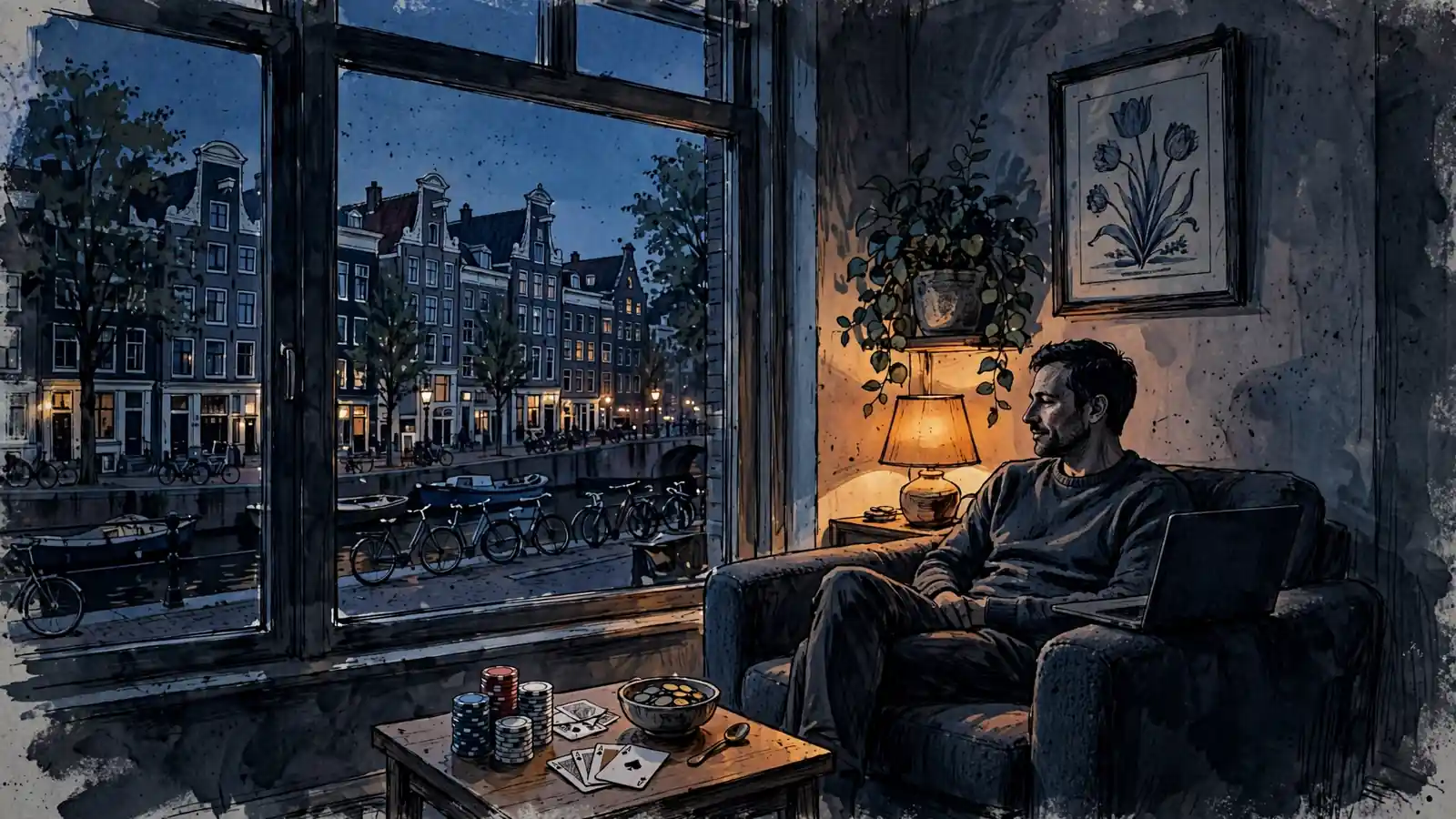 Sfeervol avondtafereel in een modern Nederlands appartement met casinofiches en speelkaarten op een bijzettafel.