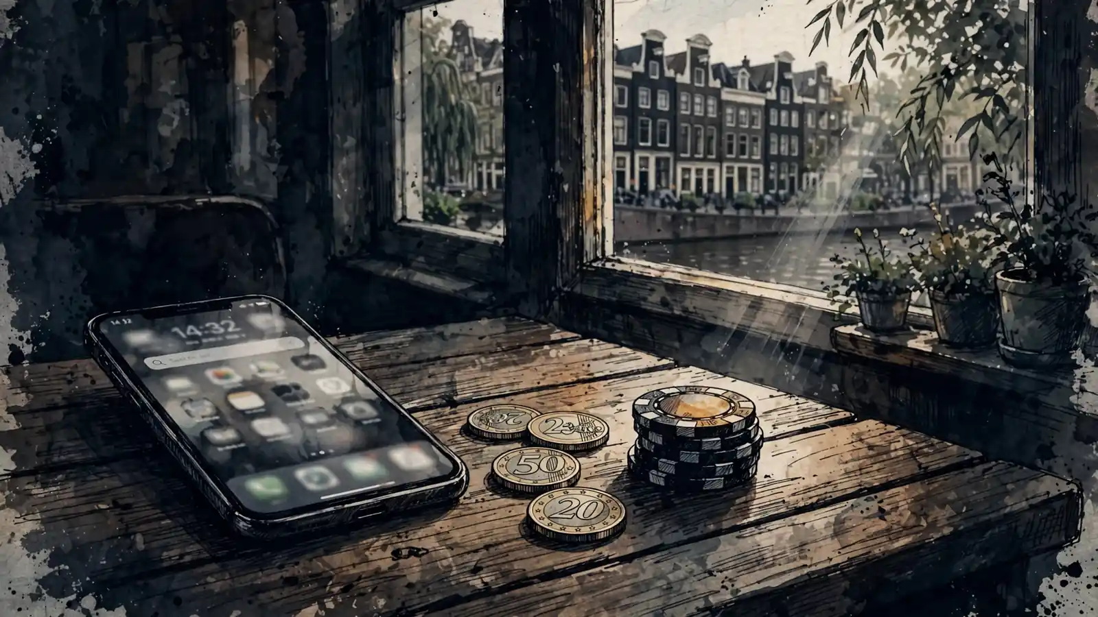 Smartphone met euromunten en casinofiches op een houten tafel.