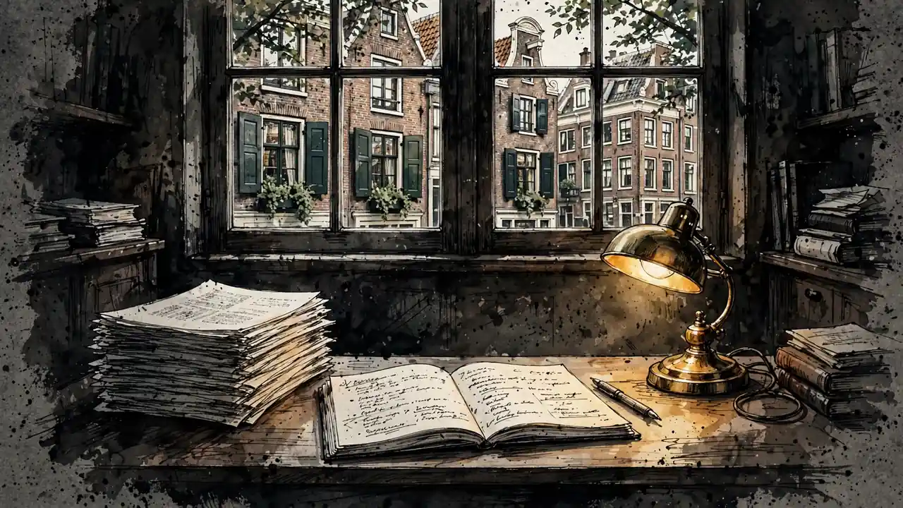 Een opgeruimde redactietafel met documenten en een lamp, met uitzicht op een grachtenpand.