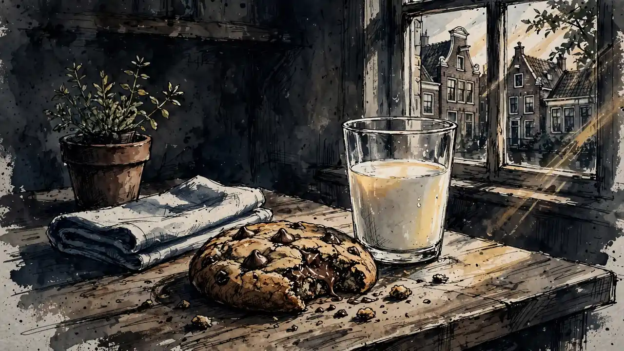 Versgebakken chocoladekoekje met melk op een houten keukentafel in Nederlandse stijl.