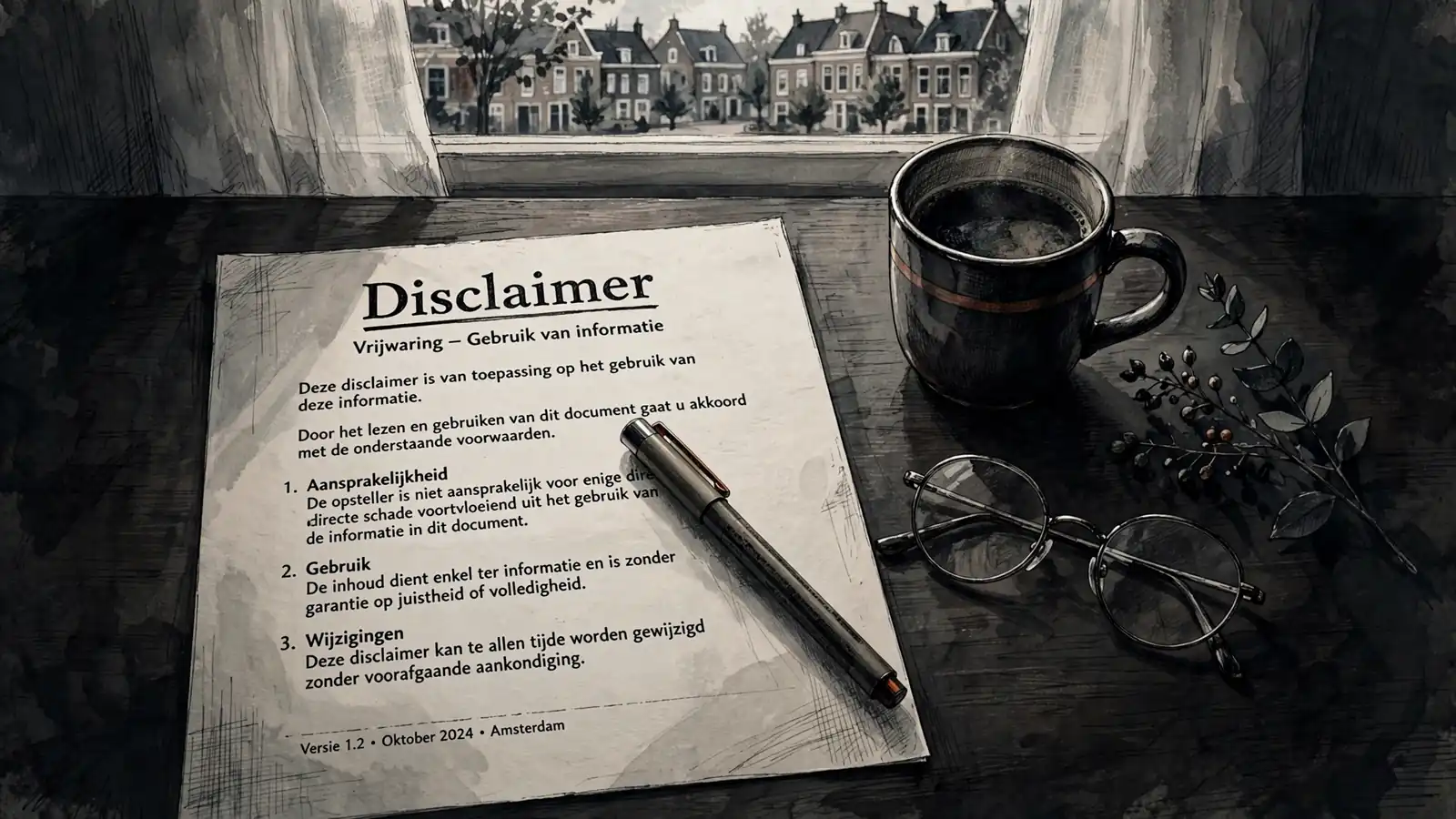 Een disclaimer-document op een bureau met een pen en leesbril