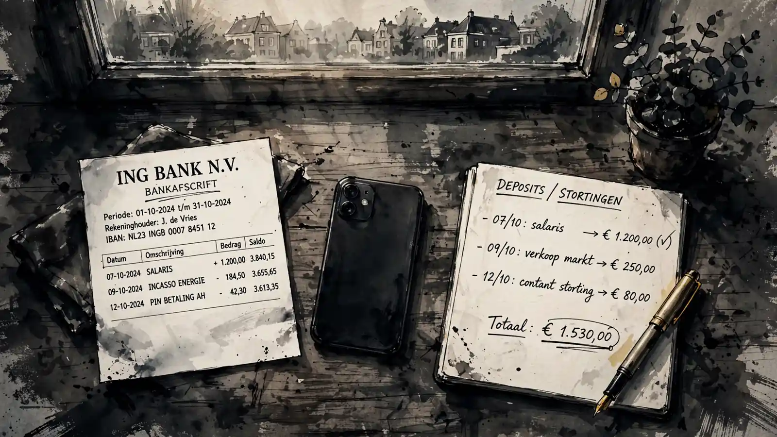 Bankafschrift en notitieboek op keukentafel met telefoon
