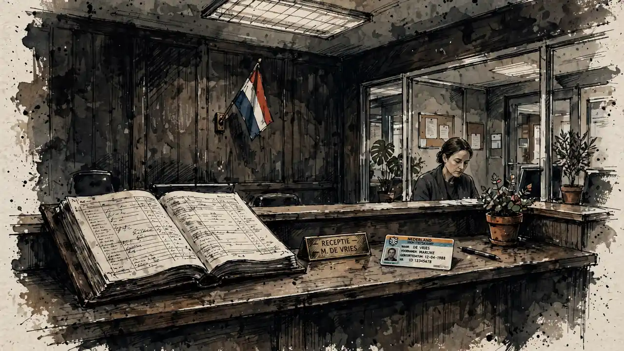 Receptiebalie met registerboek en identiteitsdocument