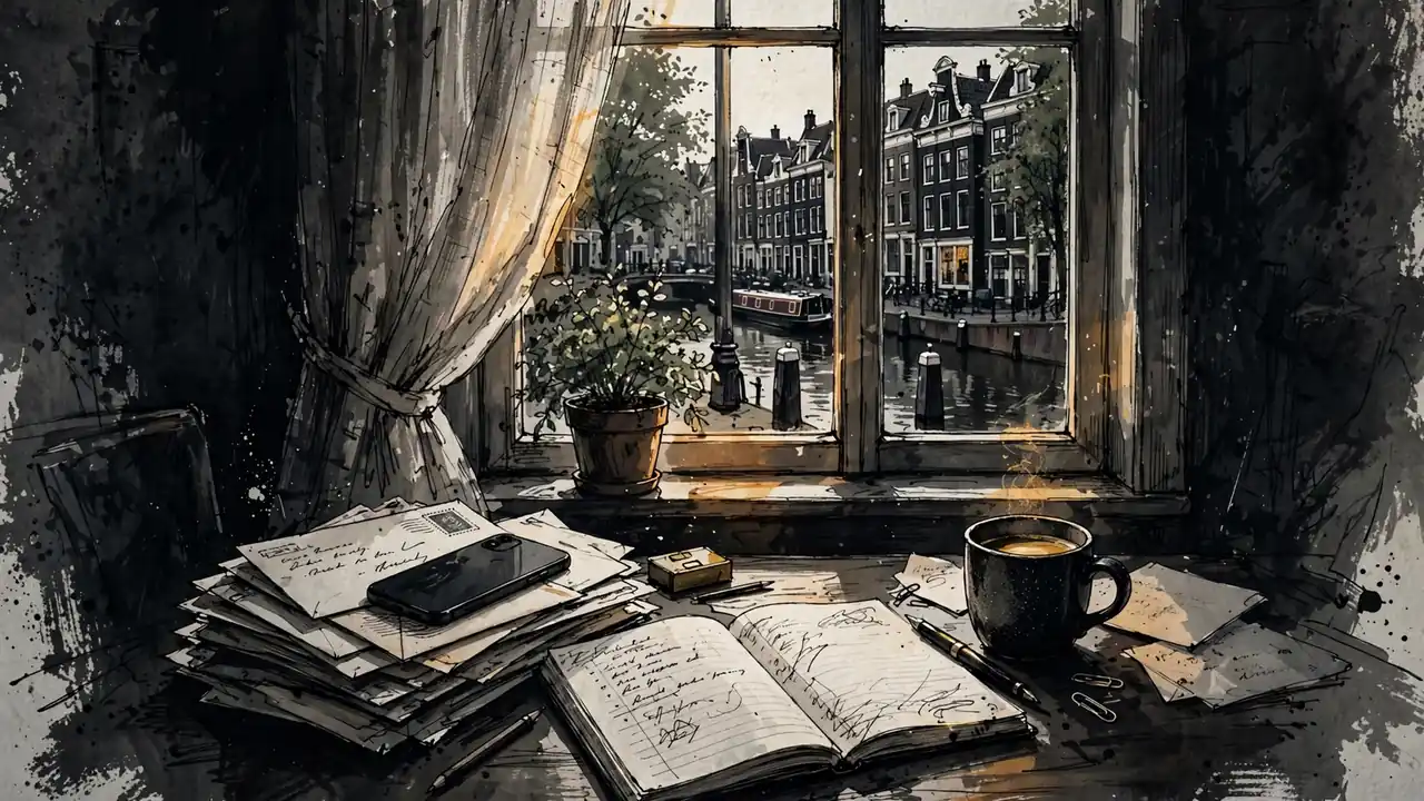Een redactiebureau met notitieboek, pen en telefoon bij een raam met uitzicht op een Amsterdamse gracht.