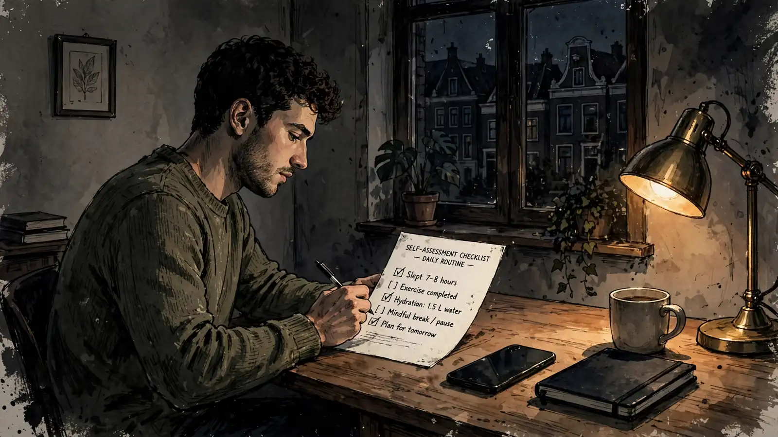 Man die 's avonds een zelfreflectiechecklist doornemt aan zijn bureau.